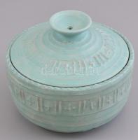 Gádor István (1891-1984): Türkiz színű tál fedéllel, absztrakt motívumokkal díszített, mázas kerámia, hibátlan, d: 15,5 cm, m: 13 cm / glazed earthenware (ceramic), in flawless condition