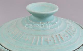 Gádor István (1891-1984): Türkiz színű tál fedéllel, absztrakt motívumokkal díszített, mázas kerámia...