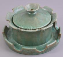 Gádor István (1891-1984): Türkiz színű tál peremmel, fedéllel, mázas kerámia, mázhibákkal, d: 19 cm, m: 12 cm / glazed earthenware (ceramic), with some glaze flaws