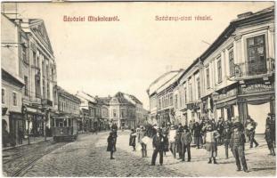 1911 Miskolc, Széchenyi utca, Weissberg Adolf Özv. utóda divatáruháza hölgyek és urak részére, üzletek, újságárusok, villamos