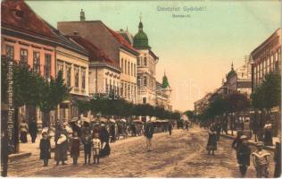 1906 Győr, Baross út, fiákerek, üzletek. Nicsmann József kiadása