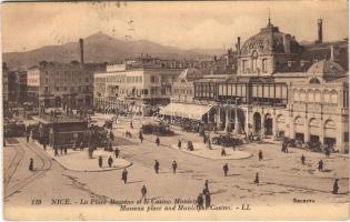 1924 Nice, Nizza; La Place Massena et le Casino Municipal / Massena Square and Municipal Casino, automobiles, tram (small tear)