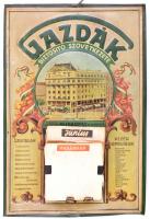 cca 1925 Gazdák Biztosító Szövetkezete dombornyomott fém reklámtábla, Buchsteiner és Fia, jó állapotban, utólag készített naptárlapokkal a tartóban, 36×24 cm