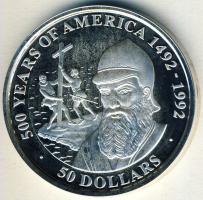Cook-szigetek 1990. 50$ Ag "Amerika 500 éve-Pedro Alvares" T:PP