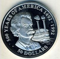 Cook-szigetek 1990. 50$ Ag "Amerika 500 éve-Samuel Clemens" T:PP