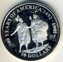Cook-szigetek 1990. 50$ Ag "Amerika 500 éve-Cortez és Montezuma" T:PP