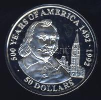Cook-szigetek 1990. 50$ Ag "Amerika 500 éve-Samuel de Champlain" T:PP