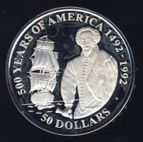 Cook-szigetek 1990. 50$ Ag "Amerika 500 éve-Sir Walter Raleigh" T:PP