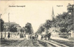 1911 Karcag, Sugár út, templom, lovaskocsi. Feriántz Dán. utóda kiadása