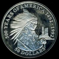 Cook-szigetek 1991. 50$ Ag "Amerika 500 éve-Ülő Bika" T:PP