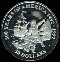 Cook-szigetek 1991. 50$ Ag "Amerika 500 éve-Mayflower és zarándokok" T:PP