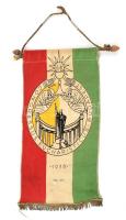 1938 A budapesti Nemzetközi Eucharisztikus Kongresszus hivatalos zászlója asztali tartóra akasztható eredeti rúdjával, 3 apró lyukkal, 27×14 cm
