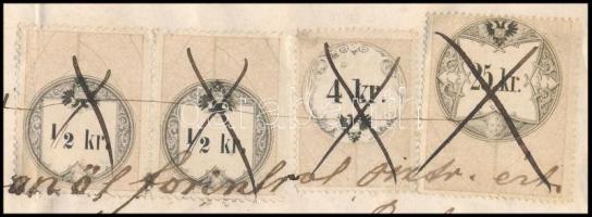 1868 2 db 1/2kr illetékbélyeg fordított állású értékszámmal + 2+4+25kr illetékbélyeg jánoshidai lako...