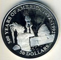 Cook-szigetek 1991. 50$ Ag "Amerika 500 éve-azték pap" T:PP