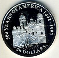 Cook-szigetek 1991. 50$ Ag "Amerika 500 éve-jezsuita templom" T:PP