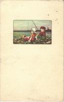 1922 Italian Children art postcard, fishing. Anna & Gasparini 156M-2. (EK)
