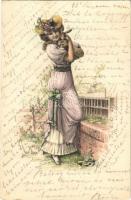1904 Lady art postcard, lady with rabbit. Emb. litho (EK)