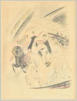 Márffy Ödön (1878-1959): Műlovar. Akvarellel színezett litográfia, papír, jelzett. Lap tetején javított szakadással. Üvegezett fa keretben, 34,5×28,5 cm / Litograph on paper, signed, with restored tear on the top. Framed with glass.
