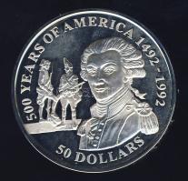 Cook-szigetek 1991. 50$ Ag "Amerika 500 éve-Marquis de Lafayette" T:PP