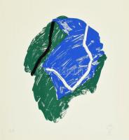 Bér János (1937-2021): Zöld-kék kompozíció, 1992. Szitanyomat, papír, jelzett, művészpéldány E.A. jelzéssel. Lapméret: 65×50 cm / Screenprint on paper, signed, artists proof.