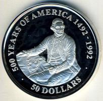 Cook-szigetek 1991. 50$ Ag "Amerika 500 éve-James Cook" T:PP