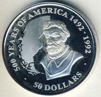 Cook-szigetek 1991. 50$ Ag "Amerika 500 éve-Ferdinand Magellan" T:PP