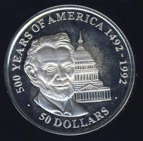 Cook-szigetek 1991. 50$ Ag "Amerika 500 éve-Abraham Lincoln" T:PP