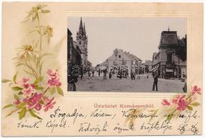 1900 Komárom, Komárnó; utca, Szentháromság szobor, üzletek. Czike Dénes kiadása / street, trinity statue, shops. Art Nouveau, floral, litho