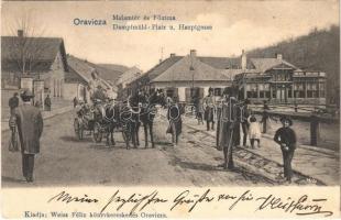 1908 Oravica, Oravita; Malom tér és Fő utca, lovashintó, Csiklovai Sörcsarnok. Weisz Félix kiadása / square and street, horse chariot, beer hall