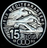 Franciaország 1993. 100Fr/15Ecu Ag "Mediterrán játékok-úszás" T:PP csak 15.000db!