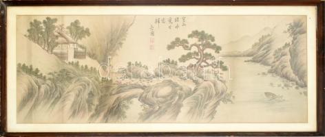 Kínai vászonkép nagy méretű tájkép cca 1940, tussal jelezve. Képméret: 40x110 cm / Vintage Chinese silk picture. Landscape. Marked. 40x110 cm