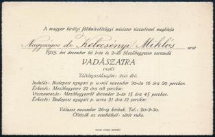 1935 Magyar királyi földművelésügyi miniszter meghívója Mezőhegyesre vadászatra
