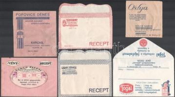 cca 1920-1940 Gyógyszertári recept borítékok, vények Dr. Fáy, Kassay, Ernyei, Kertész, Ostya, Bokor,...