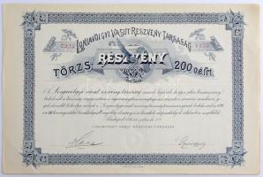 Budapest 1896. "Lonjavölgyi Vasut Részvény-Társaság" törzsrészvénye 200Ft-ról (2x) sorszám...