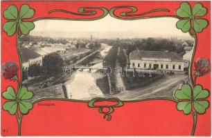 1906 Kovászna, Covasna; Sétatér látképe hidakkal, községháza. Szecessziós litho keret / square with town hall and bridges. Art Nouveau litho frame (Rb)
