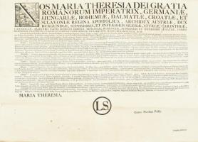 1776 Mária Terézia bankjegyek kibocsájtásával és kamarai fizetésekkel kapcsolatos rendeletének hirdetménye. Hajtva 65x50 cm / 1776 Order of Maria Theresia regarding banknotes and cameral payments