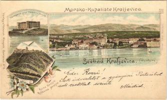 1898 (Vorläufer) Kraljevica, Portoré, Porto Ré; Morsko-Kupaliste, Frankopanski grad Samostan jeznita, Ruscvina Hreljin  / Seebad, Jesuiten Kloster, Ruine Hreljin / monastery, castle ruin. Heinrich Krapek No. 5. Art Nouveau, floral, litho