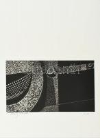 Joseph Kádár (1936-2019): Dualista kompozíció, 1987. Cinkkarc, papír, jelzett. Művészpéldány E.A jelzéssel. Hátoldalon a művész pecsétjével és autográf felirattal. 15,5x27 cm