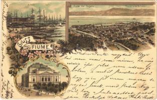 1902 Fiume, Rijeka; Il Porto, Teatro / port, ships, theatre. Art Nouveau, floral, litho