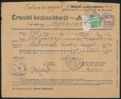 1912 Értesítő kézbesítésről postai nyomtatványon Turul 5f + 20f bérmentesítéssel / Postal printed matter 5f + 20f franking SZEKSZÁRD - SÁRSZENTLŐR(INC)