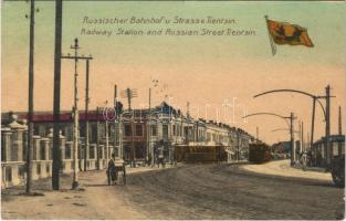 1913 Tianjin, Tientsin; Russischer Bahnhof und Strasse / Russian railway station and street, trams (EK)