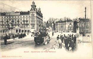 Zürich, Quaibrücke mit Hotel Bellevue, Etoile dOr / korai gőz úthenger és villamosok / bridge, trams, steam road roller