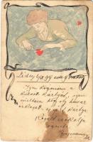 1899 Kézzel rajzolt művészlap / Hand-drawn lady art postcard, Art Nouveau. artist signed (EB)