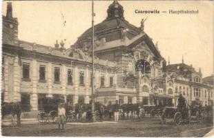 1917 Chernivtsi, Czernowitz, Cernauti, Csernyivci; Hauptbahnhof / railway station, horse-drawn carriages (from postcard booklet) (EB)