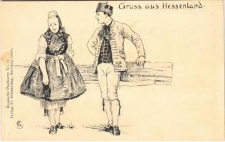 Gruss aus Hessenland / German folklore art postcard, people from Hessen. Hessische Postkarte Nr. 14. (fl)