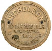 1907 Nicholson gépgyár réz gép tábla / copper plate d: 18,5 cm