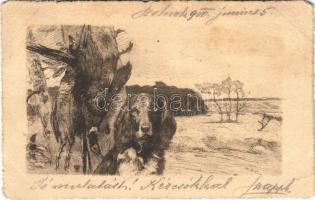 1900 Hunter art postcard, hunting dog with prey (EM)