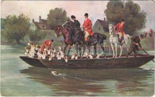 1911 Hunter art postcard, hunters with horses and hunting dogs crossing the river. Serie 274. artist signed (EM)