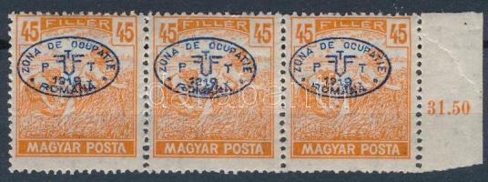 Debrecen I. 1919 Magyar Posta 45f hármascsík (18.000) / Mi 71 stripe of 3. Signed: Bodor