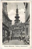 Pozsony, Pressburg, Bratislava; Mihály utca, üzletek / Michaelergasse / street view, shops (fa)